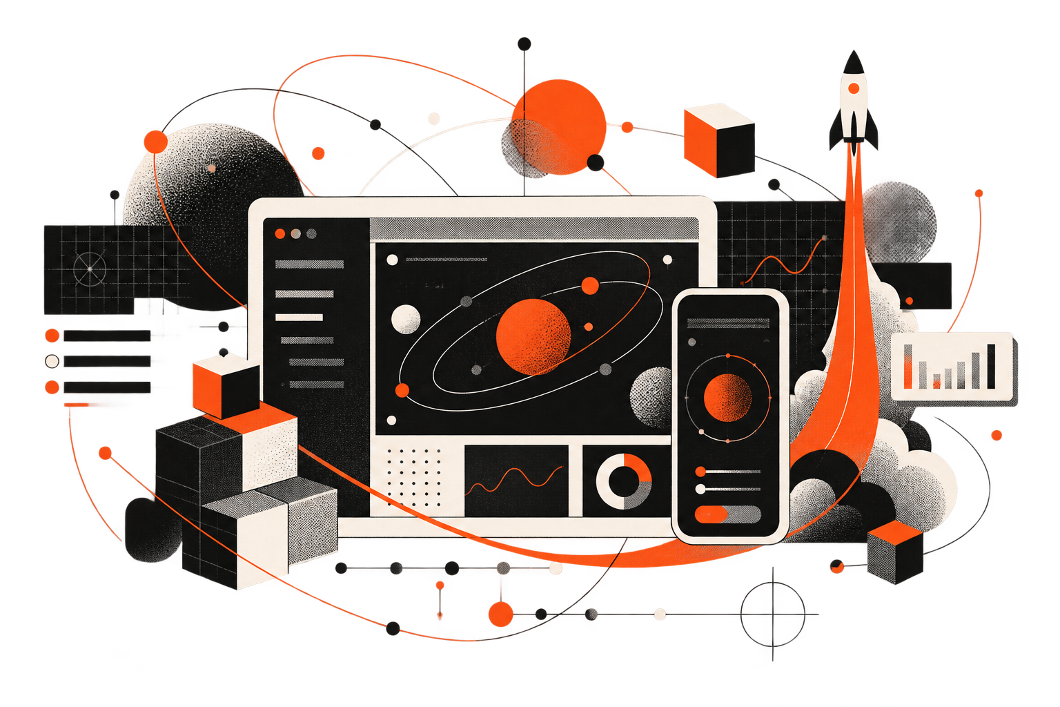 A flat technical collage of a product workspace, interface panels, and a launch system