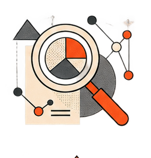 A magnifying glass examining product objects
